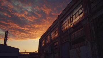 A sunset casts a warm glow on an old industrial building, highlighting its weathered features photo
