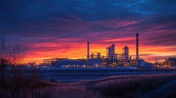 Industrial complex illuminated by a vibrant sunset, showcasing energy production. photo