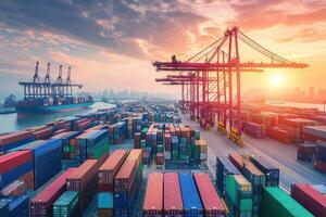 A bustling shipping port at sunset with stacked containers and cranes. photo
