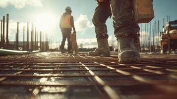 Construction workers on a site with equipment and materials during sunset photo