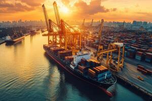 A cargo ship loaded with containers docked at a port during sunset photo