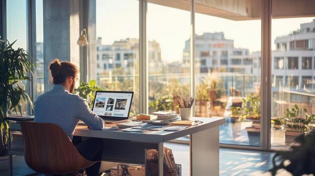 A person working at a desk in a modern office with plants and a city view photo