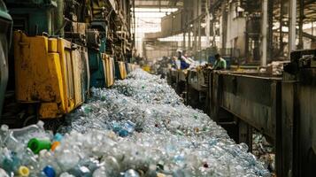 A recycling facility with plastic bottles being processed for reuse photo