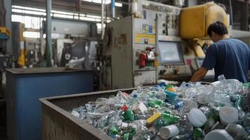 A worker processes recyclable plastic bottles in an industrial facility photo
