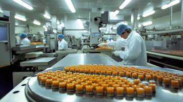 A sterile production facility with workers handling vials in a pharmaceutical environment. photo