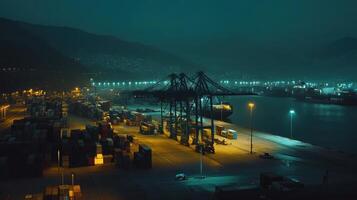 A nighttime view of a busy shipping port with cranes and containers illuminated by lights. photo