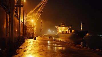 A cargo ship docked at night, illuminated by industrial lights and cranes. photo