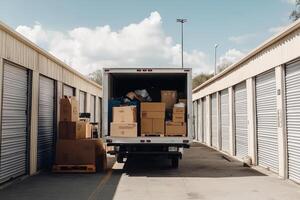 A moving truck loaded with boxes parked between storage units. photo