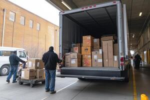 A delivery truck loaded with boxes while workers handle packages. photo