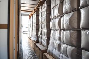 Interior of a truck loaded with neatly stacked bales and boxes for transport. photo