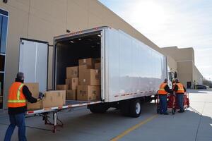 Workers unloading boxes from a delivery truck in a loading area. photo