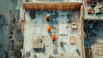 Construction workers are laying concrete on a building site, showcasing teamwork and industry photo