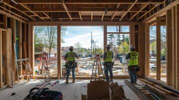 Construction workers oversee a building site through large windows in a new structure photo