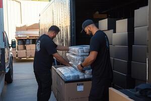Two workers loading boxes into a truck, organizing shipments for delivery. photo
