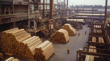 A lumber yard with stacked logs and workers in an industrial setting. photo