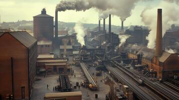 Industrial landscape featuring smokestacks, machinery, and a network of tracks. photo