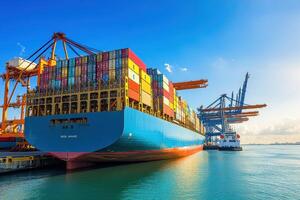 A cargo ship loaded with colorful containers at a busy port under a clear blue sky photo