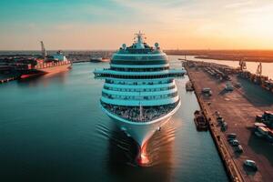 A cruise ship approaches a bustling port during sunset, showcasing maritime activity. photo