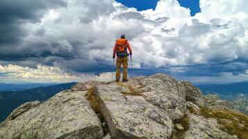 A hiker stands on a rocky peak, overlooking a dramatic sky and distant mountains. photo