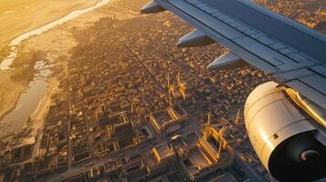 Aerial view of a cityscape at sunset with an airplane wing in the foreground. photo