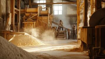 A dusty industrial workspace with machinery processing materials. photo