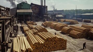 A lumber yard with stacked logs and industrial buildings in the background photo
