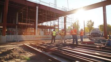Construction site with workers discussing project amidst steel beams and scaffolding photo