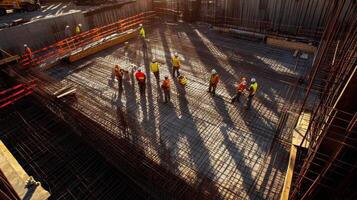 Construction site with workers and rebar framework under sunlight. photo