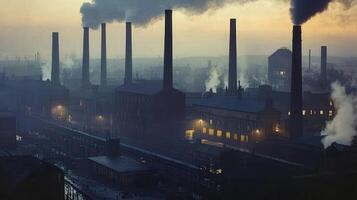 Industrial landscape at dusk with smokestacks and factories emitting smoke photo