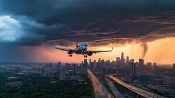 An airplane approaches a city skyline under dramatic storm clouds and sunset photo