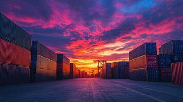 A vibrant sunset over a shipping container yard, showcasing industrial landscape and colors photo