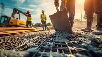 Construction workers pouring concrete on a site with machinery in the background photo
