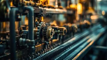 Industrial machinery with gears and conveyor belts in a manufacturing setting photo