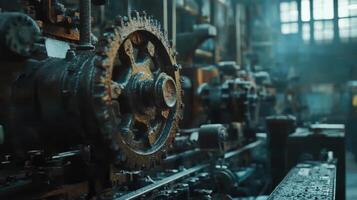 A close-up of an industrial machine with gears, showcasing rust and age in a factory setting photo