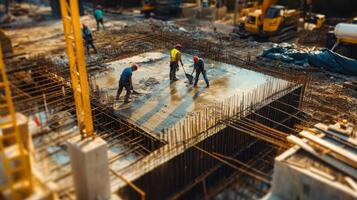 Construction workers pouring concrete on a building site for structural development photo