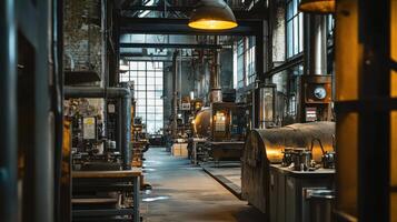 A spacious industrial workshop filled with machinery and tools for manufacturing processes photo