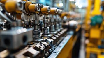 Close-up of industrial machinery components in a manufacturing environment. photo