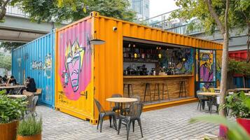 A colorful shipping container caf with outdoor seating and vibrant graffiti art photo