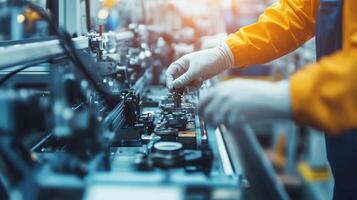 A worker assembling components in a manufacturing facility with precision tools. photo