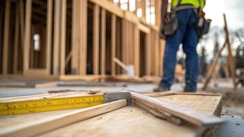 A construction site with a focus on measuring tools and a worker in the background. photo