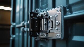 A close-up of a metal latch on a shipping container, showcasing its industrial design photo