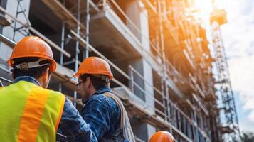 Construction workers in hard hats overseeing a building site with scaffolding and cranes. photo