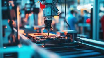 A close-up of a robotic arm working on a circuit board in a manufacturing facility photo