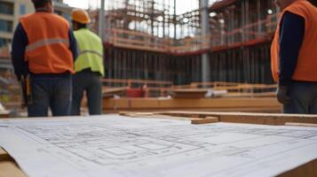 Construction workers reviewing blueprints at a building site. photo