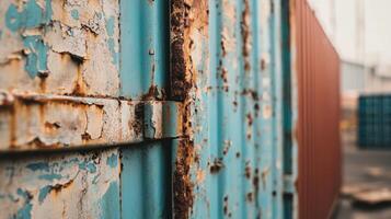 Close-up of weathered shipping containers with rust and peeling paint photo