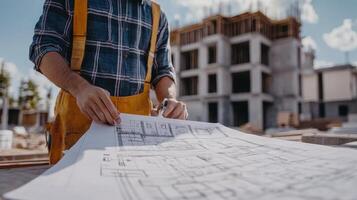 A construction worker examines blueprints at a building site, emphasizing planning and design photo