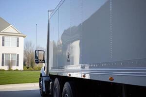 A large truck parked in a residential area near a house photo