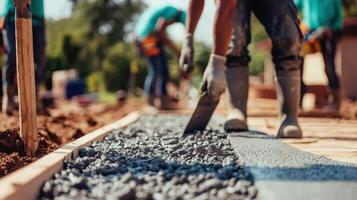Construction workers laying concrete on a building site photo