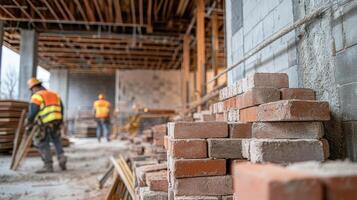 Construction site with stacked bricks and workers in safety gear photo