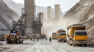 Construction site with heavy machinery and trucks transporting materials in a dusty environment photo
